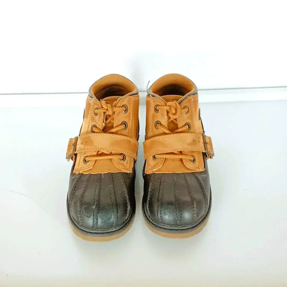 Lugz Avalanche Strap Ankle Boots 12 Kids Tan Black Faux Leather Buckle Lace Up